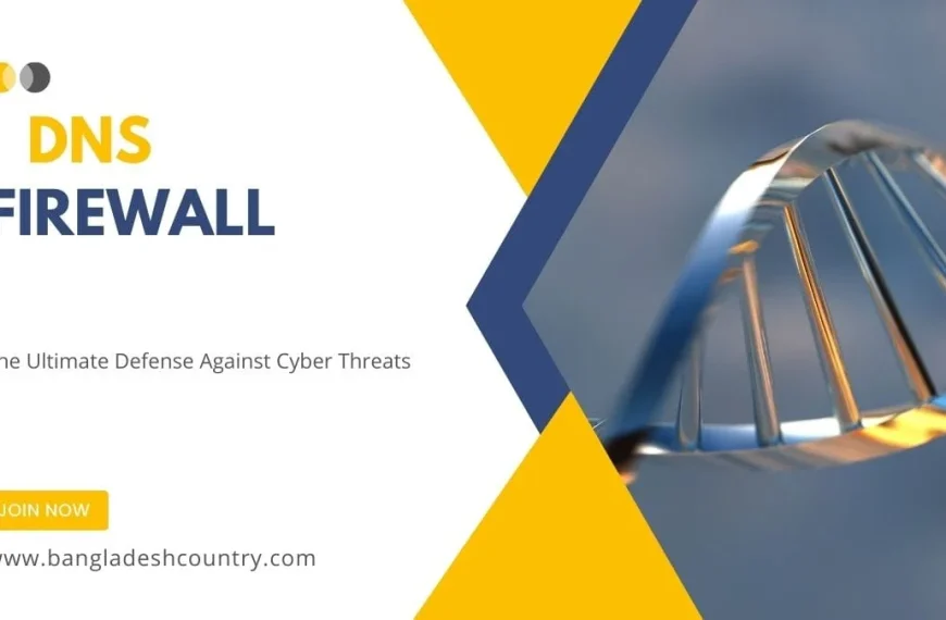 Advertisement for DNS Firewall service featuring a stylized metallic DNA helix and text: 'DNS FIREWALL - The Ultimate Defense Against Cyber Threats.' Includes 'JOIN NOW' button and 'www.bangladeshcountry.com'.