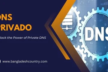 Promotional graphic for DNS Privado (Private DNS) services. Features large orange text 'DNS PRIVADO' and the tagline 'Unlock the Power of Private DNS' on a dark blue background. The right side showcases blue gears with server icons and the word 'DNS' prominently displayed, representing network technology and secure DNS resolution. Includes the website www.bangladeshcountry.com.