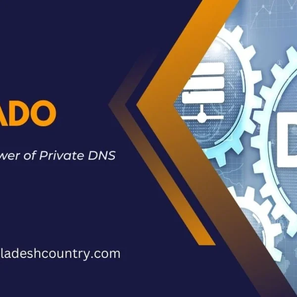 Promotional graphic for DNS Privado (Private DNS) services. Features large orange text 'DNS PRIVADO' and the tagline 'Unlock the Power of Private DNS' on a dark blue background. The right side showcases blue gears with server icons and the word 'DNS' prominently displayed, representing network technology and secure DNS resolution. Includes the website www.bangladeshcountry.com.
