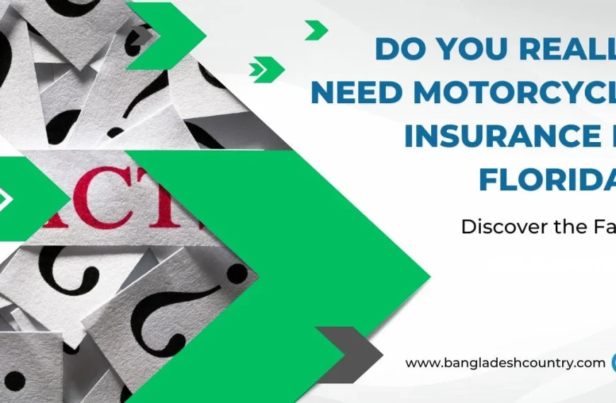 Graphic titled 'Do You Really Need Motorcycle Insurance in Florida? Discover the Facts,' featuring a background of scattered question marks, a prominent red 'C' from the word 'FACT', and green arrow accents.