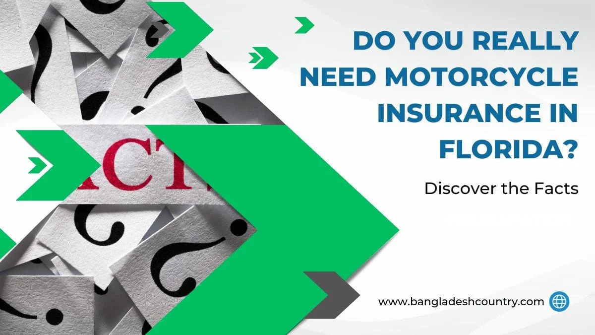 Graphic titled 'Do You Really Need Motorcycle Insurance in Florida? Discover the Facts,' featuring a background of scattered question marks, a prominent red 'C' from the word 'FACT', and green arrow accents.