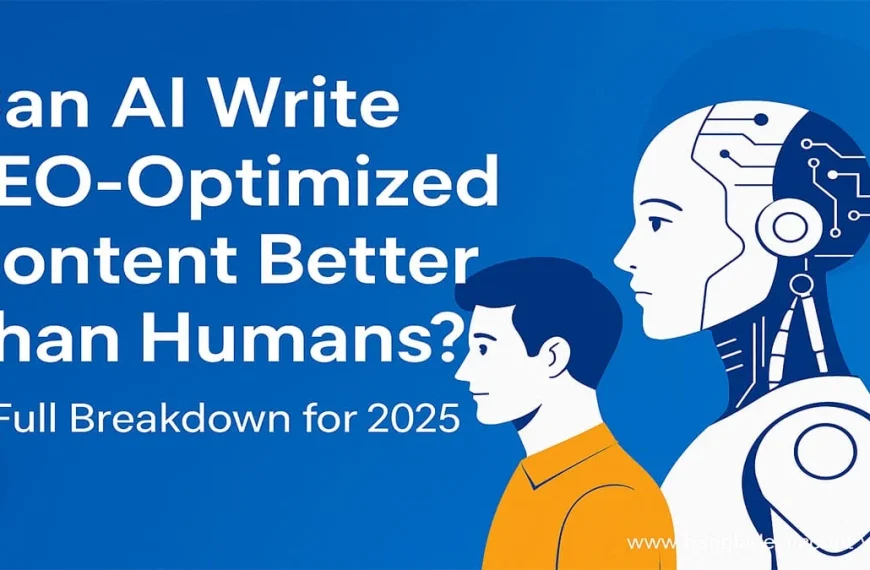Illustration depicting a stylized white and blue robot head looking towards a human profile in an orange shirt, against a solid blue background. Large white text asks: 'Can AI Write SEO-Optimized Content Better Than Humans? A Full Breakdown for 2025'.