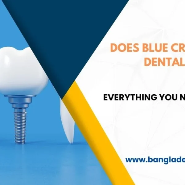 3D rendering of a natural tooth next to a dental implant, with the question 'Does Blue Cross cover dental implants?' and 'Everything you need to know!' displayed on a blue and white background.