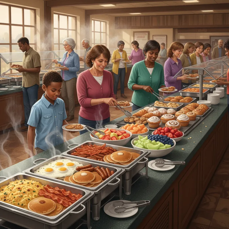 A wide shot of a bustling Golden Corral breakfast buffet, showcasing an array of hot and cold food stations. Focus on steam rising from hot food pans,