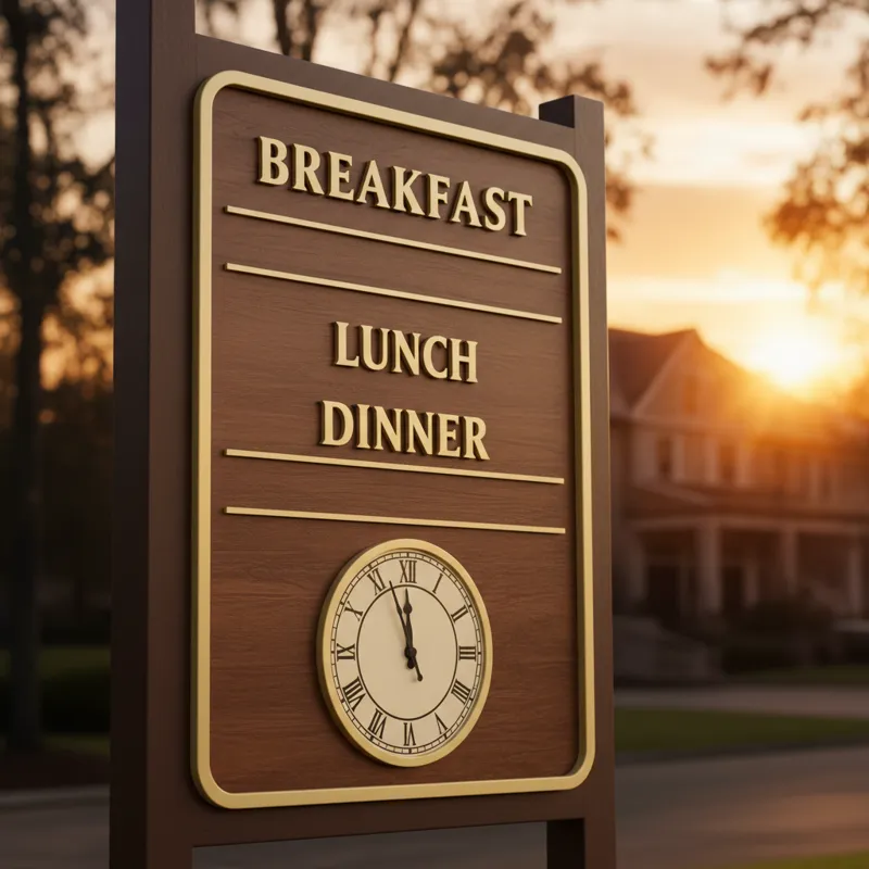 A close-up of a Golden Corral sign showing opening hours for breakfast, lunch, and dinner, with a clock face in the background indicating early mornin