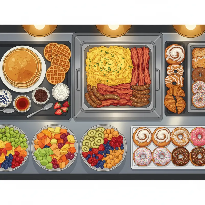 A vibrant, overhead shot of a Golden Corral breakfast buffet spread. Clearly visible sections include fluffy scrambled eggs, crispy bacon, savory saus