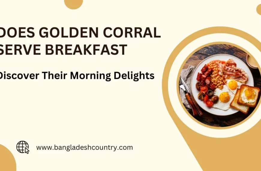 A promotional graphic asking 'Does Golden Corral serve breakfast?' with a photo of a full breakfast plate including fried eggs, bacon, baked beans, sausages, roasted tomatoes, mushrooms, and jam on toast. The text 'Discover Their Morning Delights' and the website 'www.bangladeshcountry.com' are also visible.