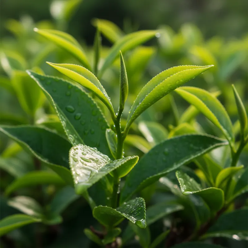 A vibrant, close-up shot of fresh, green tea leaves from the Camellia sinensis plant, with dewdrops glistening on them.