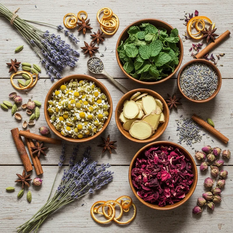 A beautiful flat lay of various dried herbs, flowers, and spices used for herbal tea, such as chamomile flowers, peppermint leaves, ginger root, and h