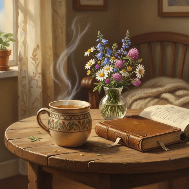 A cozy scene with a steaming ceramic mug of herbal tea on a wooden table, next to a book and a small vase of wildflowers. The tea is a light golden co