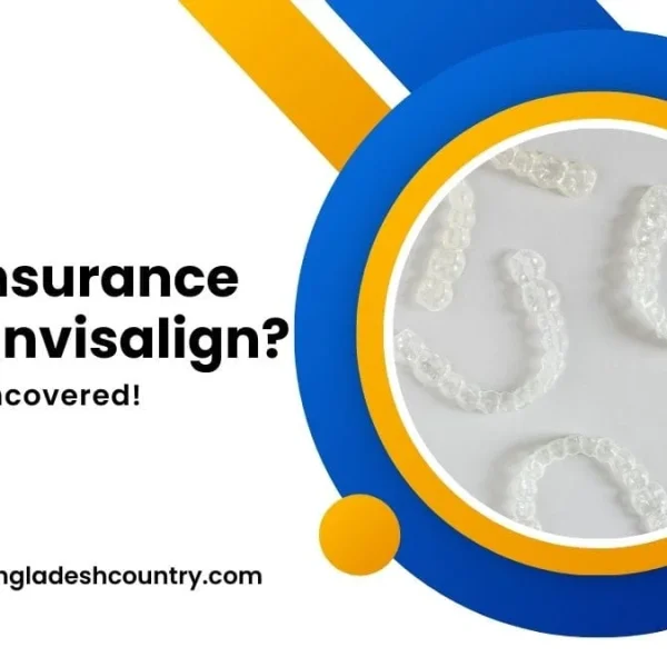 Graphic posing the question 'Does Insurance Cover Invisalign?' next to several clear dental aligner trays, framed by blue and orange geometric shapes. The image highlights dental insurance coverage for clear aligners.