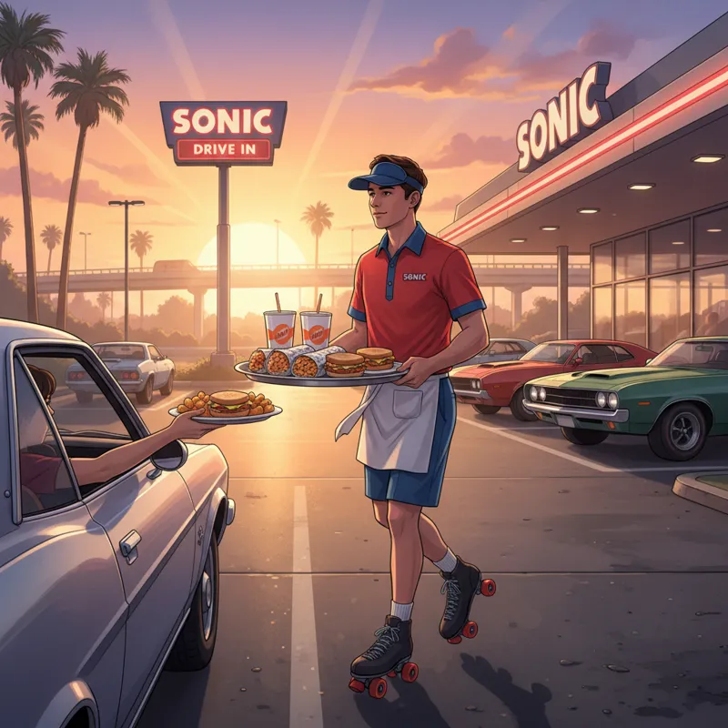 A vibrant image of a Sonic Drive-In carhop delivering a tray of breakfast items to a car during the early morning hours, with the sun just rising.