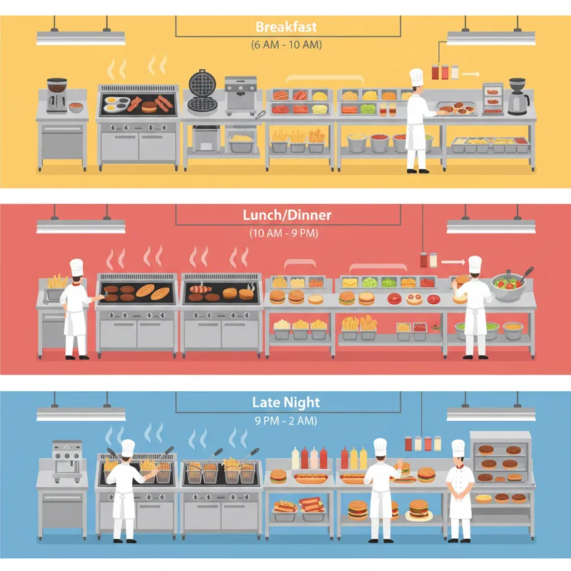 An infographic showing the various operational aspects of a fast-food kitchen, highlighting equipment changes and ingredient preparation for different