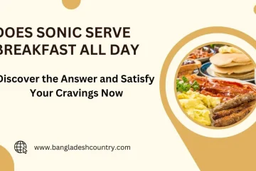 Graphic asking 'Does Sonic Serve Breakfast All Day?' alongside an image of a full breakfast platter with pancakes, bacon, scrambled eggs, and sausage links, with text 'Discover the Answer and Satisfy Your Cravings Now' and 'www.bangladeshcountry.com'.