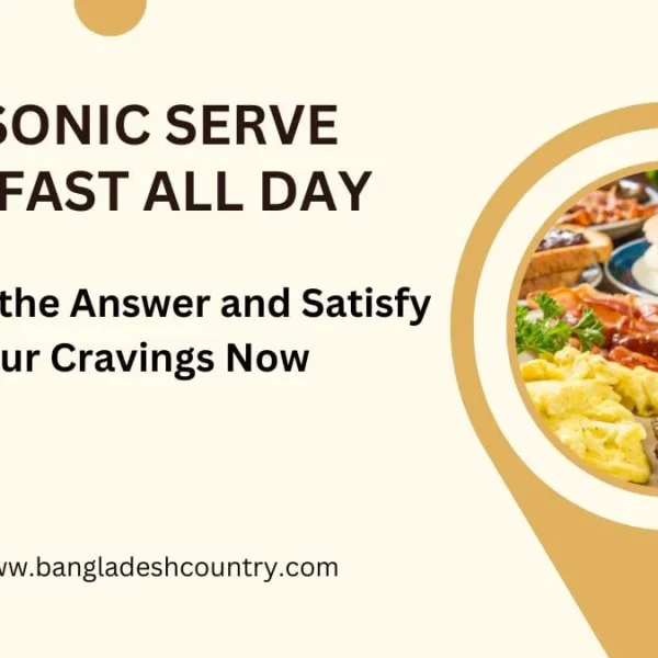 Graphic asking 'Does Sonic Serve Breakfast All Day?' alongside an image of a full breakfast platter with pancakes, bacon, scrambled eggs, and sausage links, with text 'Discover the Answer and Satisfy Your Cravings Now' and 'www.bangladeshcountry.com'.