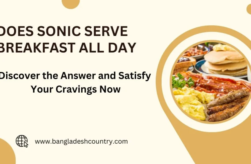 Graphic asking 'Does Sonic Serve Breakfast All Day?' alongside an image of a full breakfast platter with pancakes, bacon, scrambled eggs, and sausage links, with text 'Discover the Answer and Satisfy Your Cravings Now' and 'www.bangladeshcountry.com'.
