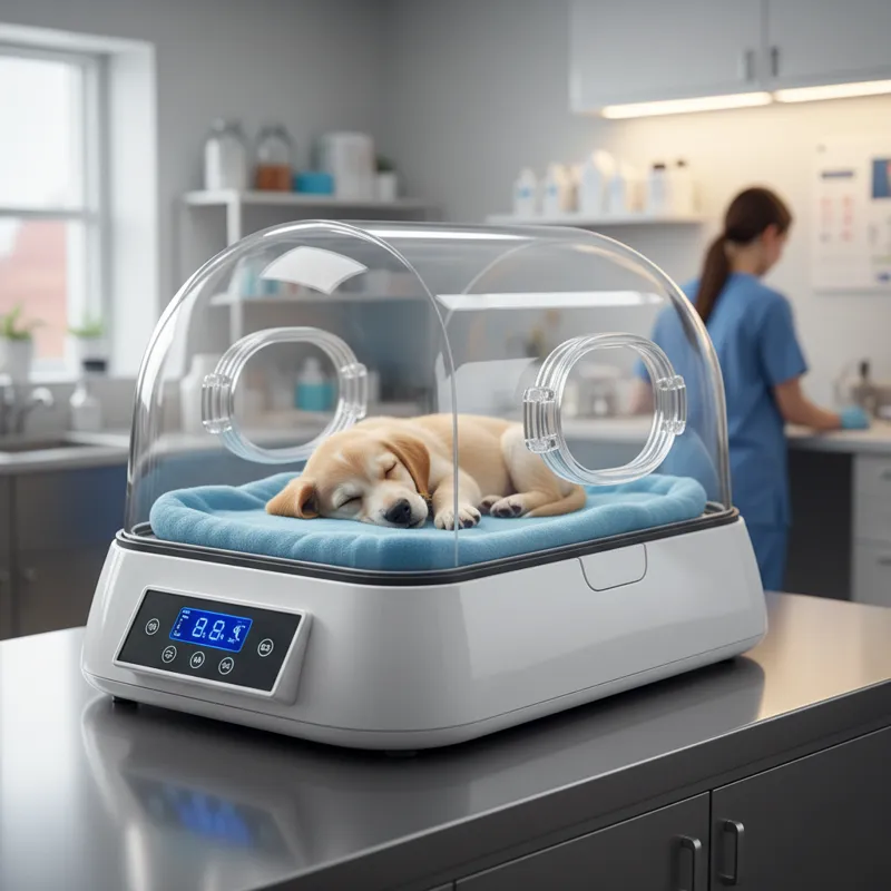 A sleek, modern dog incubator with a transparent domed lid, digital control panel, and a small, healthy-looking puppy resting comfortably inside. The