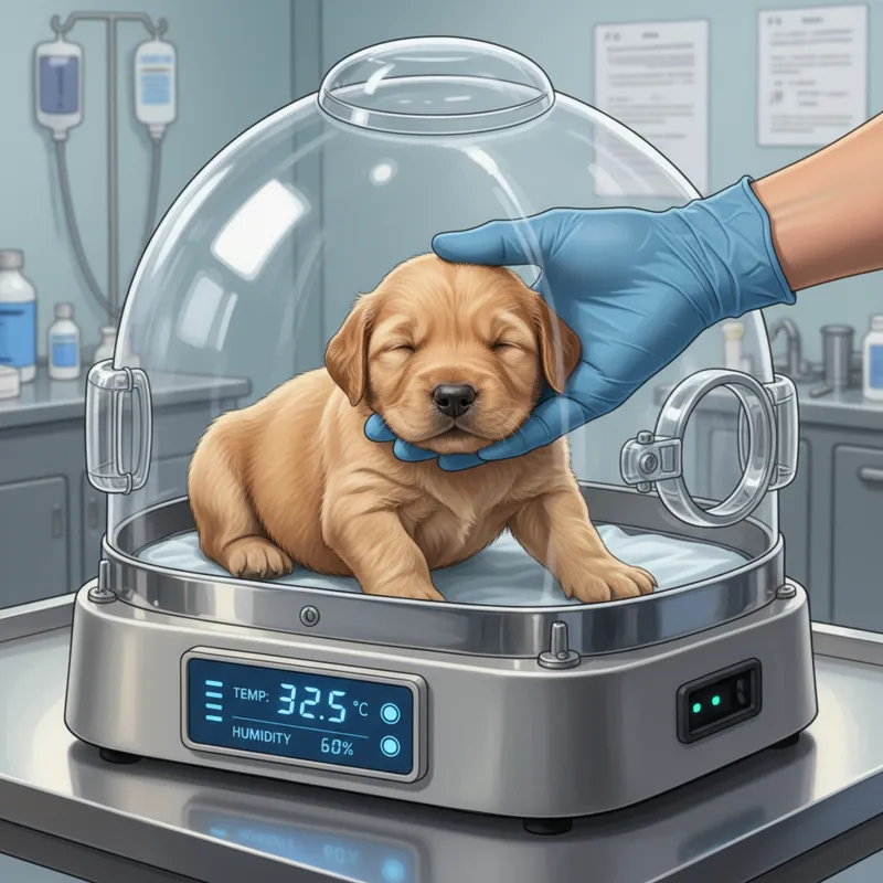 A close-up shot of a healthy newborn puppy being gently placed into a dog incubator, with a veterinarian's gloved hand visible. The incubator's digita