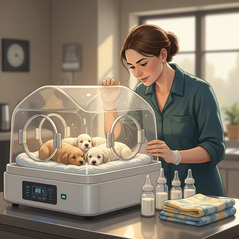 A professional dog breeder carefully observing a litter of newborn puppies in a modern dog incubator, with a warm, nurturing atmosphere. There are fee