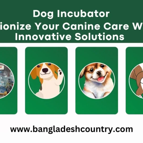 Advertisement for dog incubators and innovative canine care solutions, featuring a medical incubator for puppies alongside illustrations of happy dogs, with the text 'Dog Incubator' and 'Revolutionize Your Canine Care With Our Innovative Solutions'.