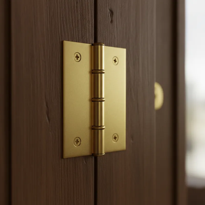 A close-up shot of a high-quality, solid brass ball bearing hinge installed on a sturdy wooden door, showing the smooth finish and precise engineering