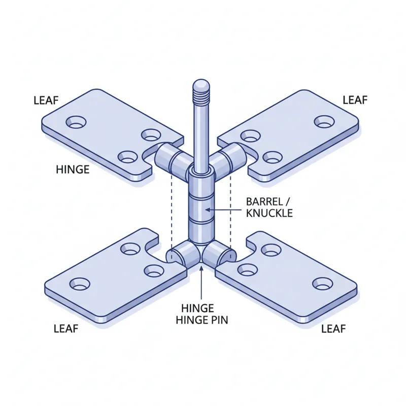 A detailed exploded diagram of a standard butt hinge, clearly labeling the two leaves, the barrel/knuckle, and the hinge pin, showing how they fit tog