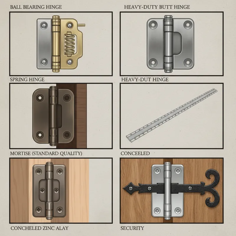 A collage or side-by-side comparison of 8 distinct high-quality door hinge types: ball bearing, spring, heavy-duty butt, continuous (piano), mortise (