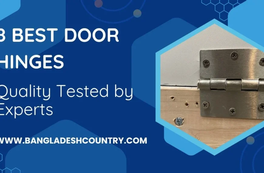 Graphic for '8 Best Door Hinges, Quality Tested by Experts' featuring a close-up photo of a brushed silver metal door hinge securely screwed into a light wooden door frame. The website WWW.BANGLADESHCOUNTRY.COM is displayed at the bottom.