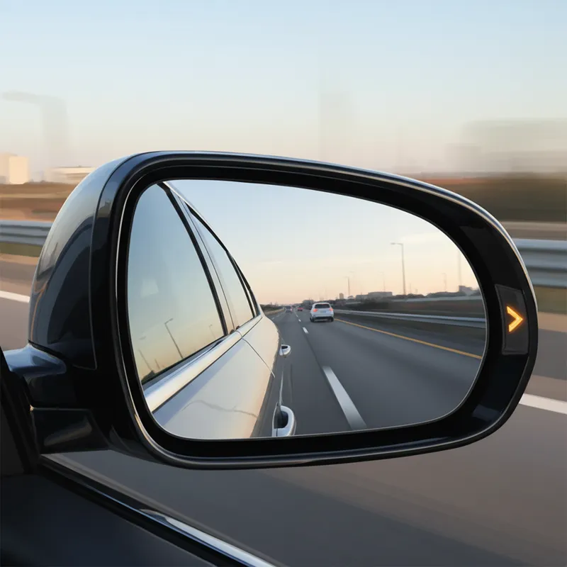 A modern car's side mirror, clearly showing the reflective surface and housing, with a slight blur in the background suggesting movement on a road. Th