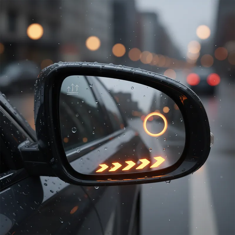 A detailed close-up of a car's side mirror, highlighting different features like a small heating symbol, a blind spot monitoring light, and a turn sig