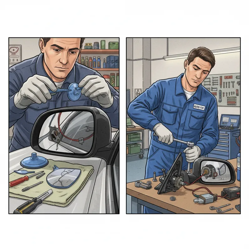 A person with tools carefully working on replacing the mirror glass on a car's side mirror, demonstrating a DIY repair. Another shot could show a mech