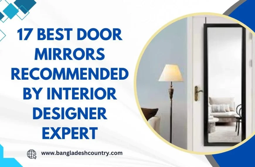 Graphic promoting '17 BEST DOOR MIRRORS RECOMMENDED BY INTERIOR DESIGNER EXPERT'. It features a circular inset image of a black-framed full-length mirror hanging on a white door, reflecting a living room interior. The website 'www.bangladeshcountry.com' is also displayed.