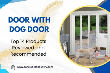 A golden retriever and an orange cat stand by a white sliding glass patio door with an electronic pet door insert, illustrating a 'Door with Dog Door' concept for pet access to an outdoor patio.