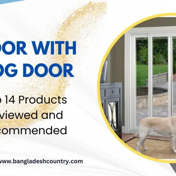 A golden retriever and an orange cat stand by a white sliding glass patio door with an electronic pet door insert, illustrating a 'Door with Dog Door' concept for pet access to an outdoor patio.