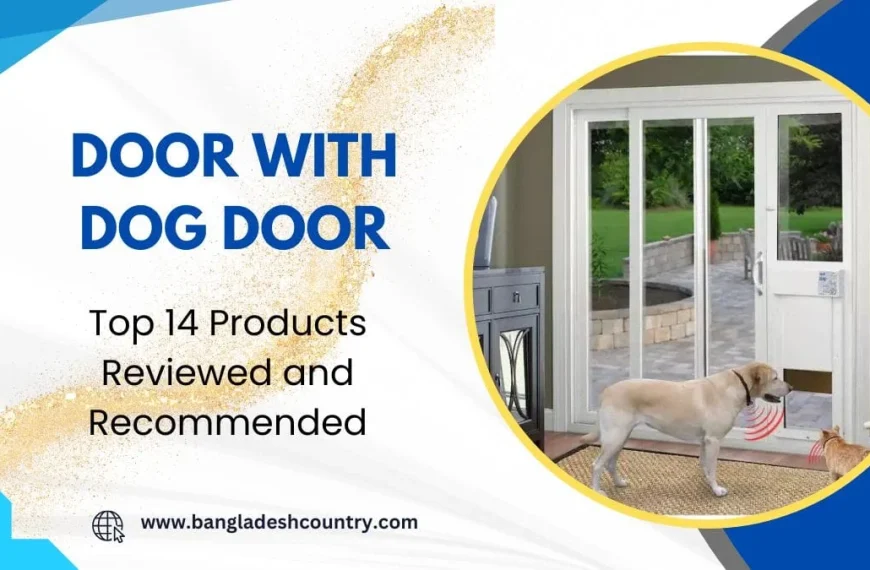 A golden retriever and an orange cat stand by a white sliding glass patio door with an electronic pet door insert, illustrating a 'Door with Dog Door' concept for pet access to an outdoor patio.