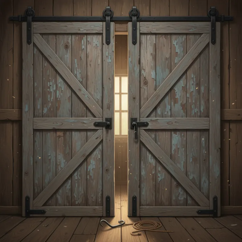A detailed image showing a double barn door setup with a visible gap between the two doors, highlighting the challenge of securing them. The doors are