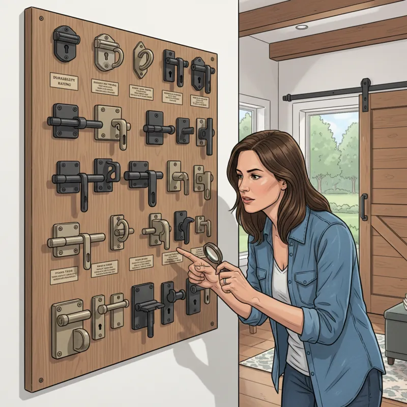 A homeowner carefully examining different types of barn door locks on a display board, focusing on durability, finish, and mechanism. The background s