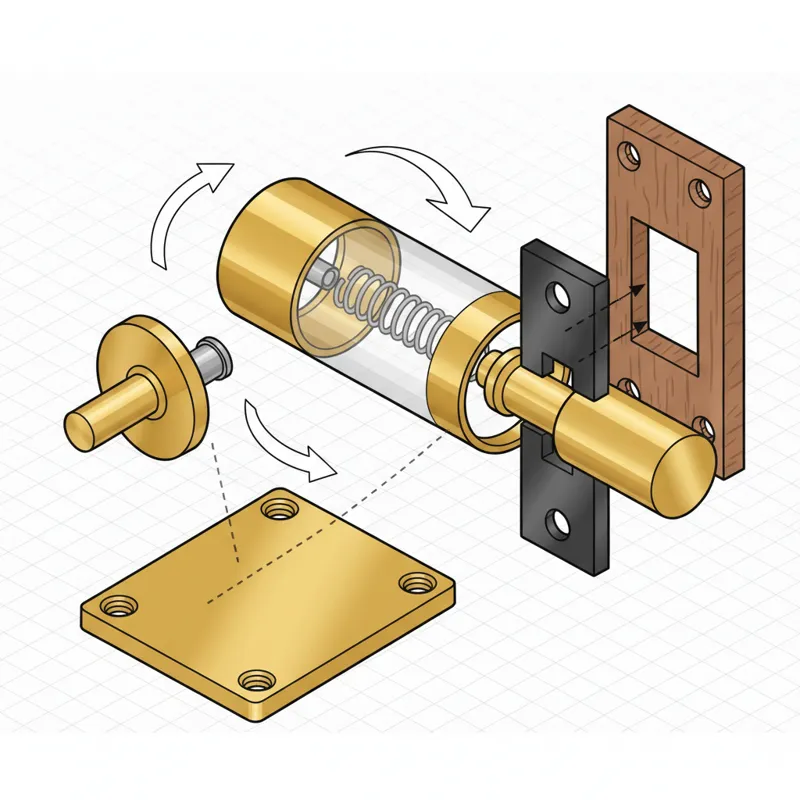 A close-up, exploded view diagram illustrating the internal components and operation of a common barn door privacy latch, showing how it engages with