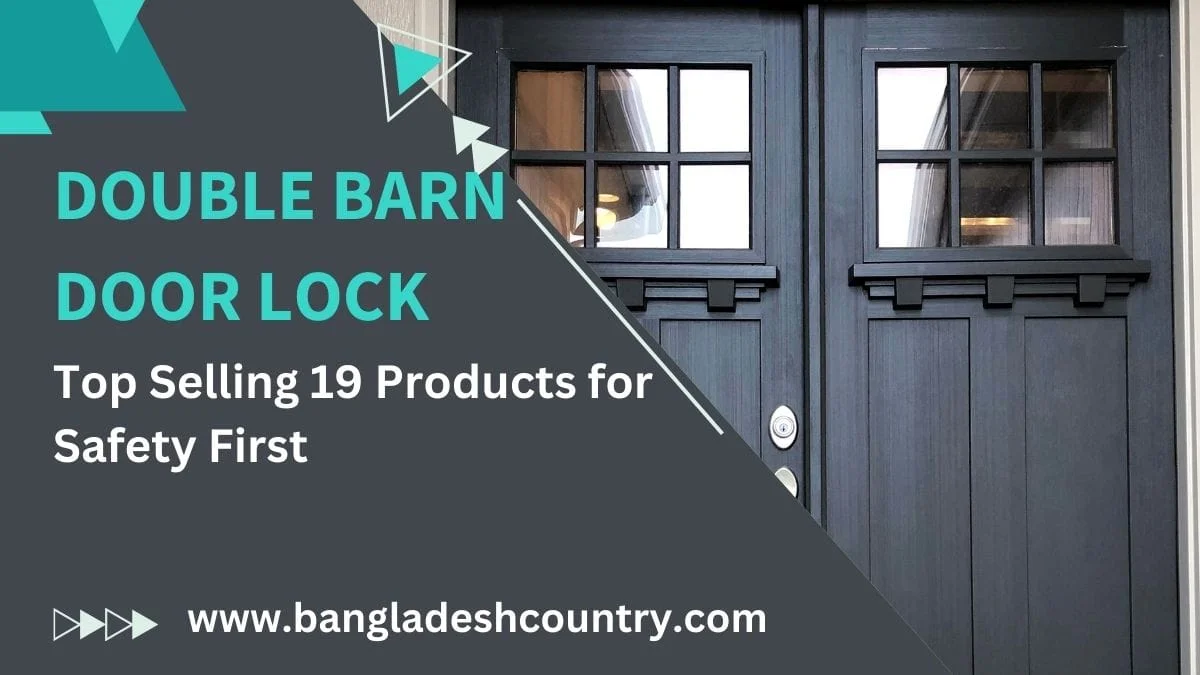 Dark grey double barn doors with multi-pane windows and a doorknob, promoting double barn door locks as top-selling safety products.