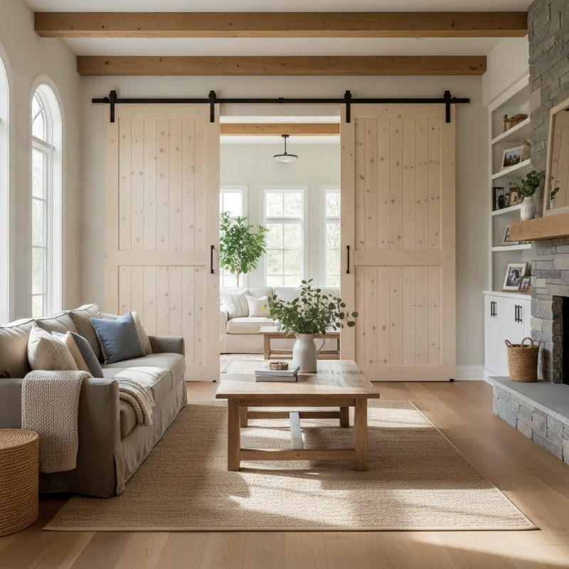 A wide interior shot of a modern farmhouse living room with large double barn doors open, revealing another room. The doors are made of light-colored
