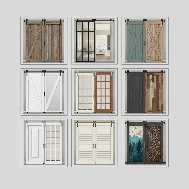 A collage of 10 different double barn door styles: rustic wood, modern black frame glass, mirrored, Z-brace, reclaimed timber, paintable MDF, French-s