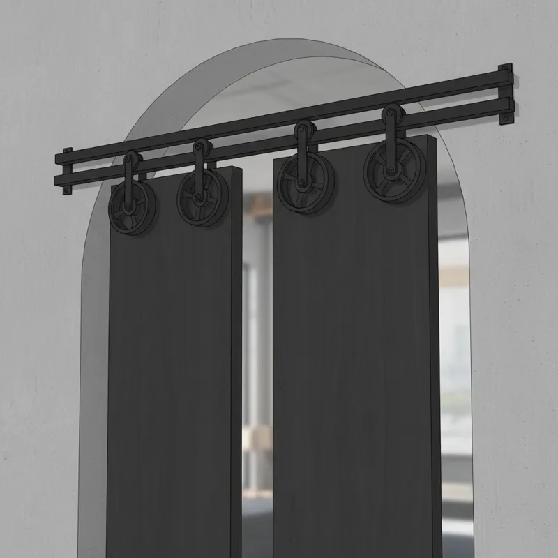 A close-up shot of a sleek matte black double track barn door hardware system installed above an opening, showing the rollers and the track with two d