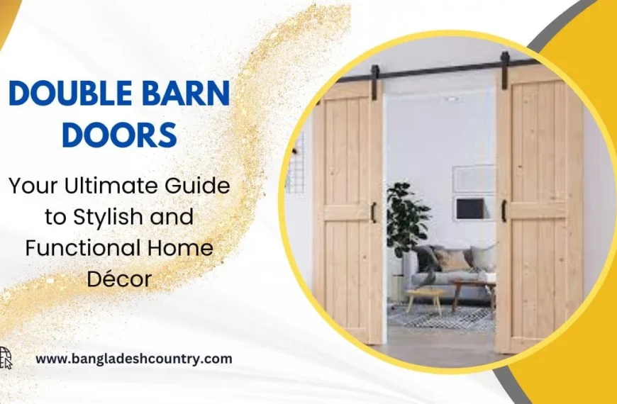 Natural wood double barn doors with black sliding hardware, partially open to reveal a modern living room interior with a sofa and plant. The image features text: 'DOUBLE BARN DOORS: Your Ultimate Guide to Stylish and Functional Home Décor' and a website URL.