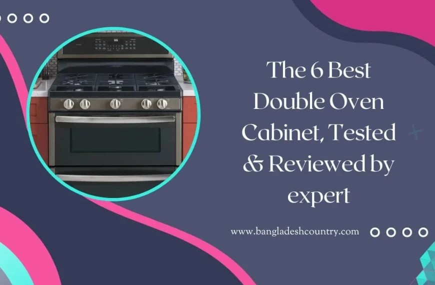 Graphic featuring a stainless steel gas range with a double oven in a circular frame, alongside text that reads: 'The 6 Best Double Oven Cabinet, Tested & Reviewed by expert'.
