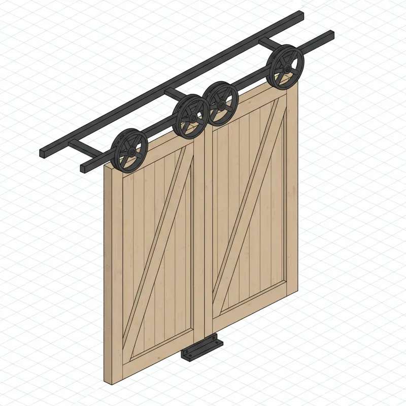 A detailed schematic showing a double track barn door system with two parallel tracks, rollers, and two doors slightly overlapping, indicating the byp