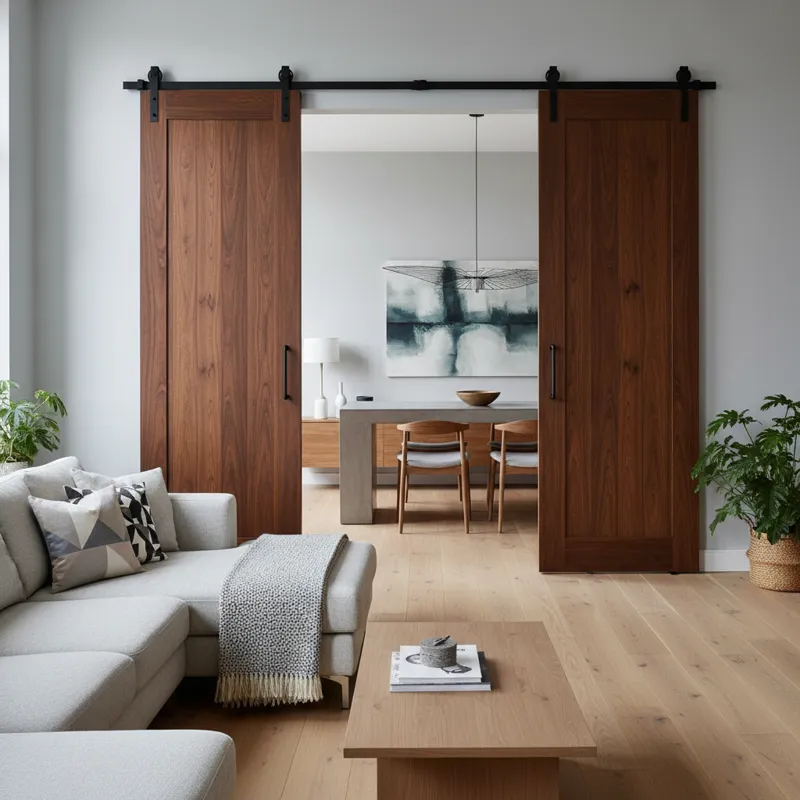 A photograph of a stylish living room with two modern double track barn doors partially open, showcasing how they divide the space without obstructing