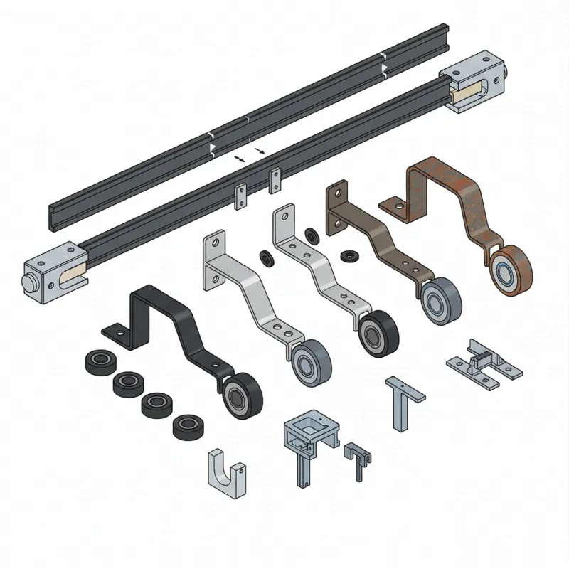 A close-up, exploded diagram showing the individual components of a bypass barn door hardware kit: two parallel tracks, various hanger styles (e.g., J