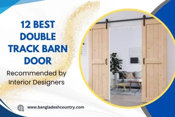 Promotional graphic for an article titled '12 BEST DOUBLE TRACK BARN DOOR Recommended by Interior Designers'. The image features a pair of light wood barn doors on a black double track system, slightly ajar to reveal a modern living room interior with a sofa and plant. The graphic has blue and gold abstract design elements and the website www.bangladeshcountry.com.