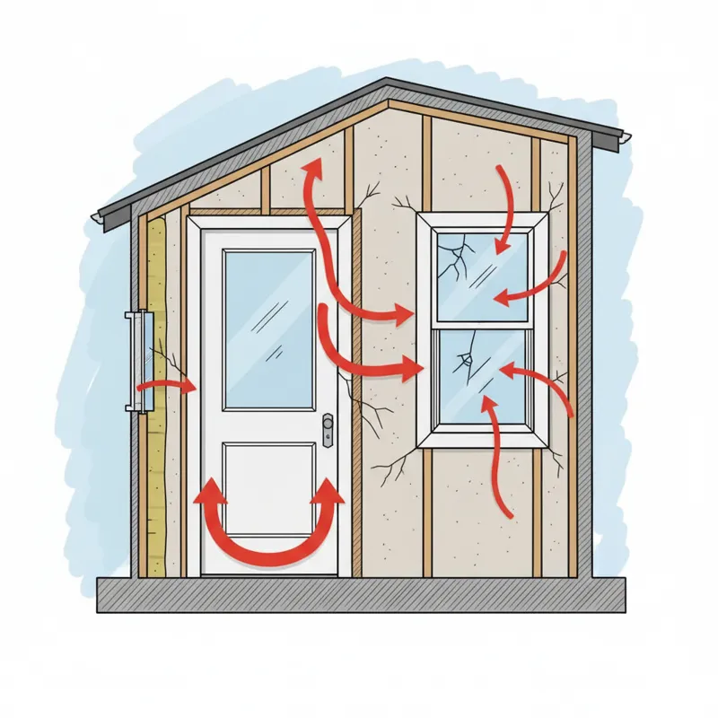 A detailed diagram showing cold air infiltration around a door frame and window, highlighting common leak points like gaps under doors, around sills,