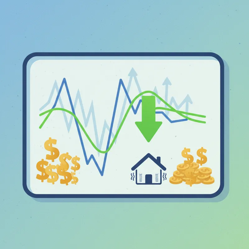 A graphic displaying a fluctuating energy bill, with a downward arrow indicating savings after implementing draft-stopping measures. Show dollar signs